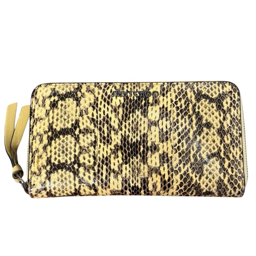 Jimmy Choo Soft Yellow Gloss Elaphe Zip Around Snake Print Pippa Gel Wallet
